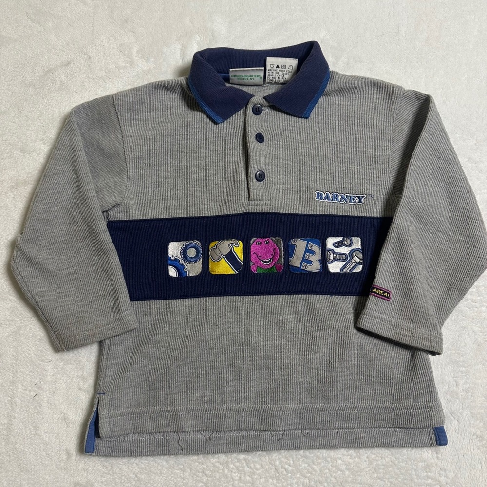 VTG 90s Barney & Friends Kid 4T Long Sleeve Polo Shirt Construction Tool Kidcore